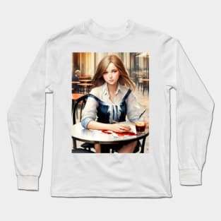 beauitful woman on parisian cafe Long Sleeve T-Shirt